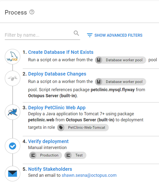 Octopus UI showing Process and 5 steps to deploy PetClinic application