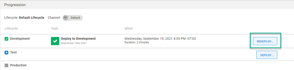 Octopus dashboard showing progression of Development lifecycle with REDEPLOY button highlighted