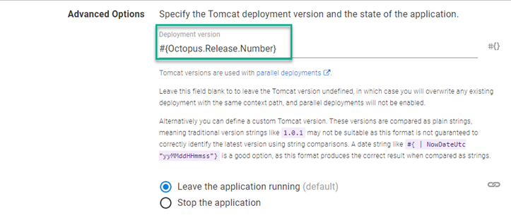 Octopus UI showing Advances Options with Deployment version highlighted