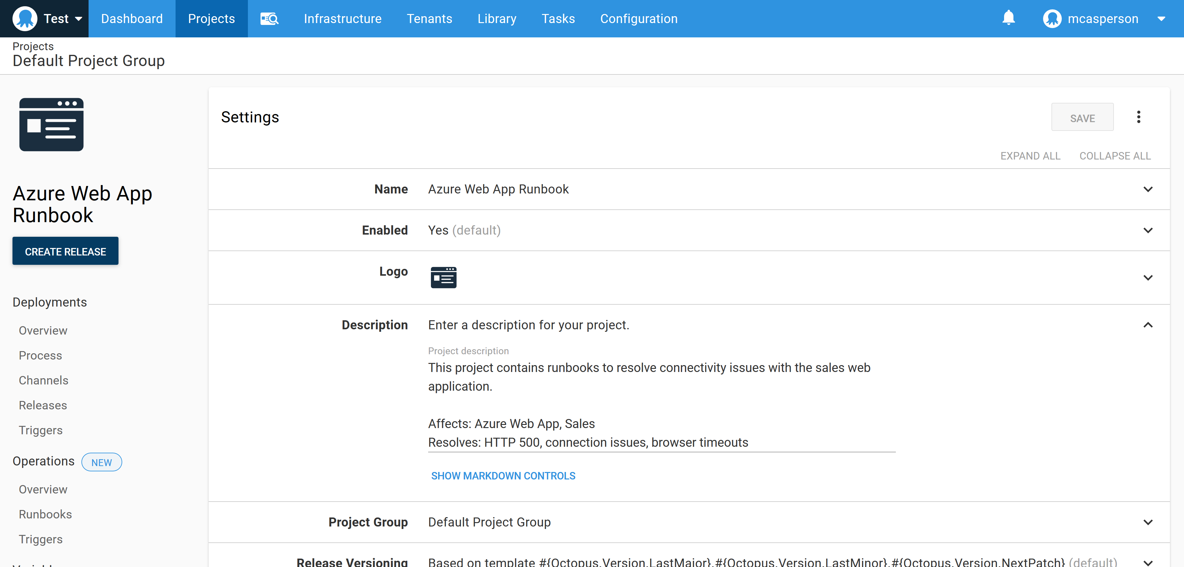 A project in Octopus called 'Azure Web App Runbook'