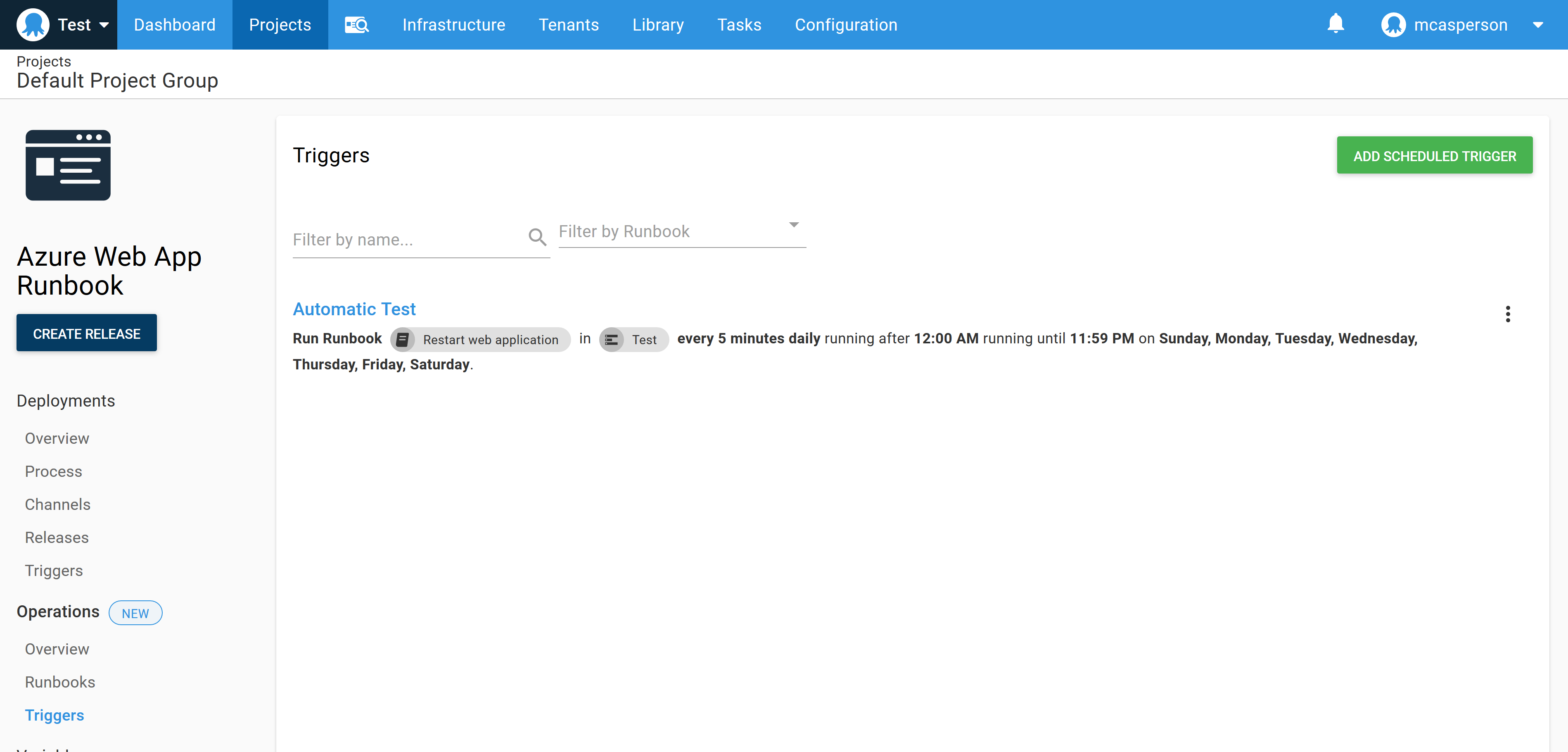 Octopus's runbook triggers screen, showing how to automate runbooks under certain conditions