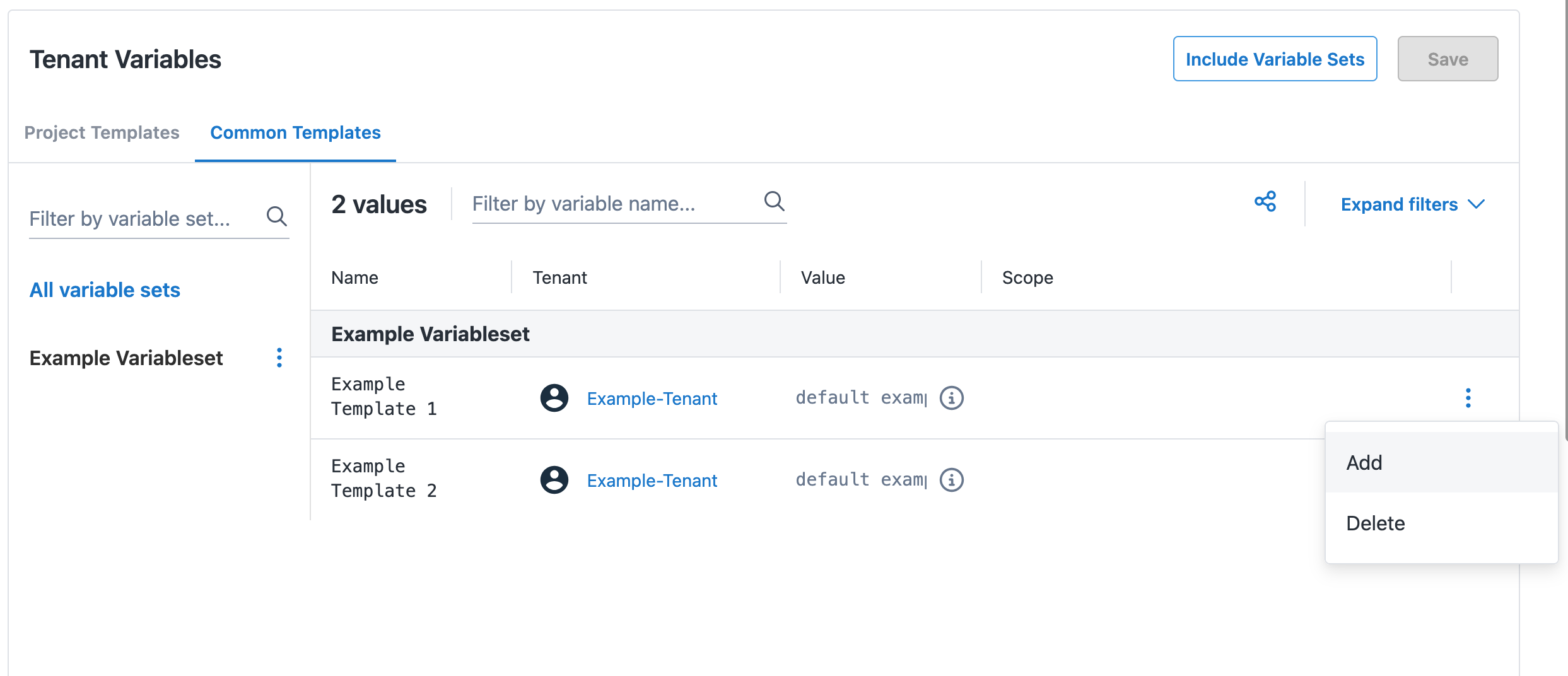 Screenshot of adding a new tenant variable on tenant variables page.