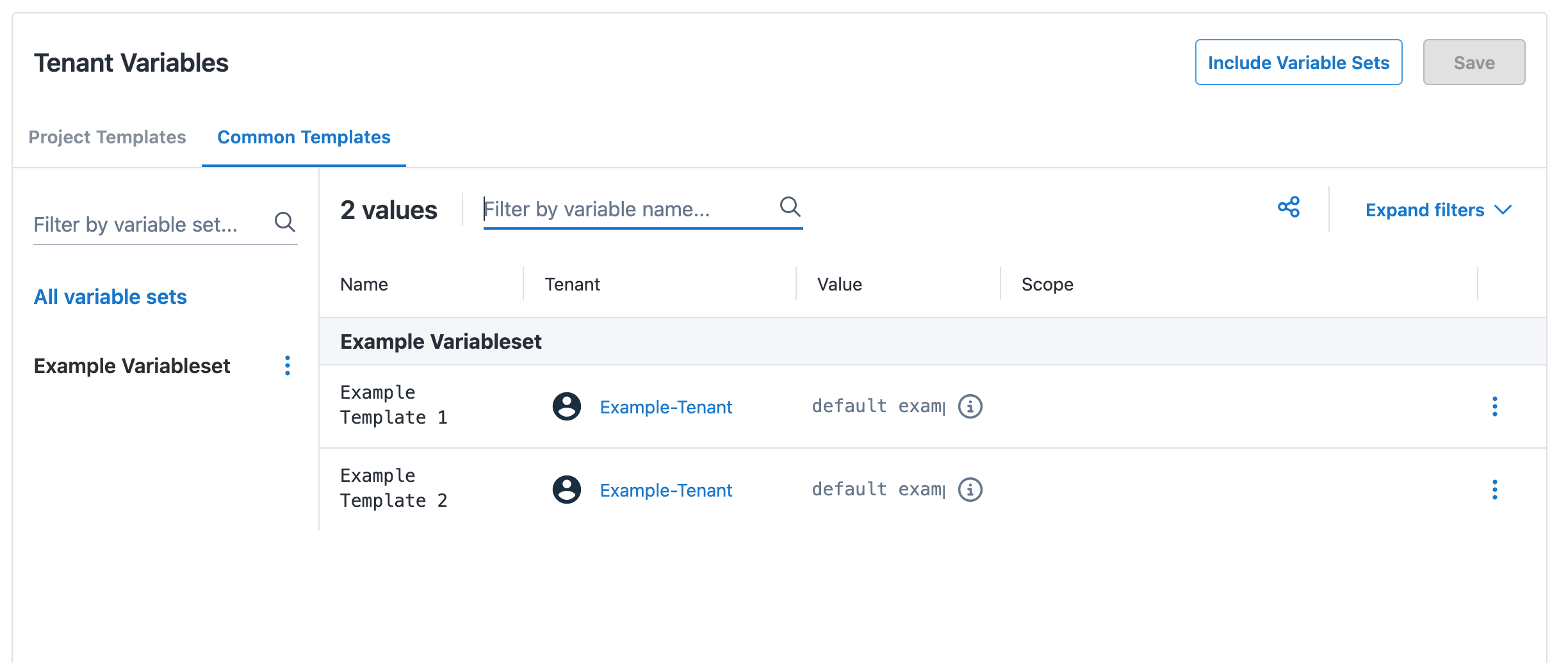 Screenshot of common tenant variables tab on tenant variables page.