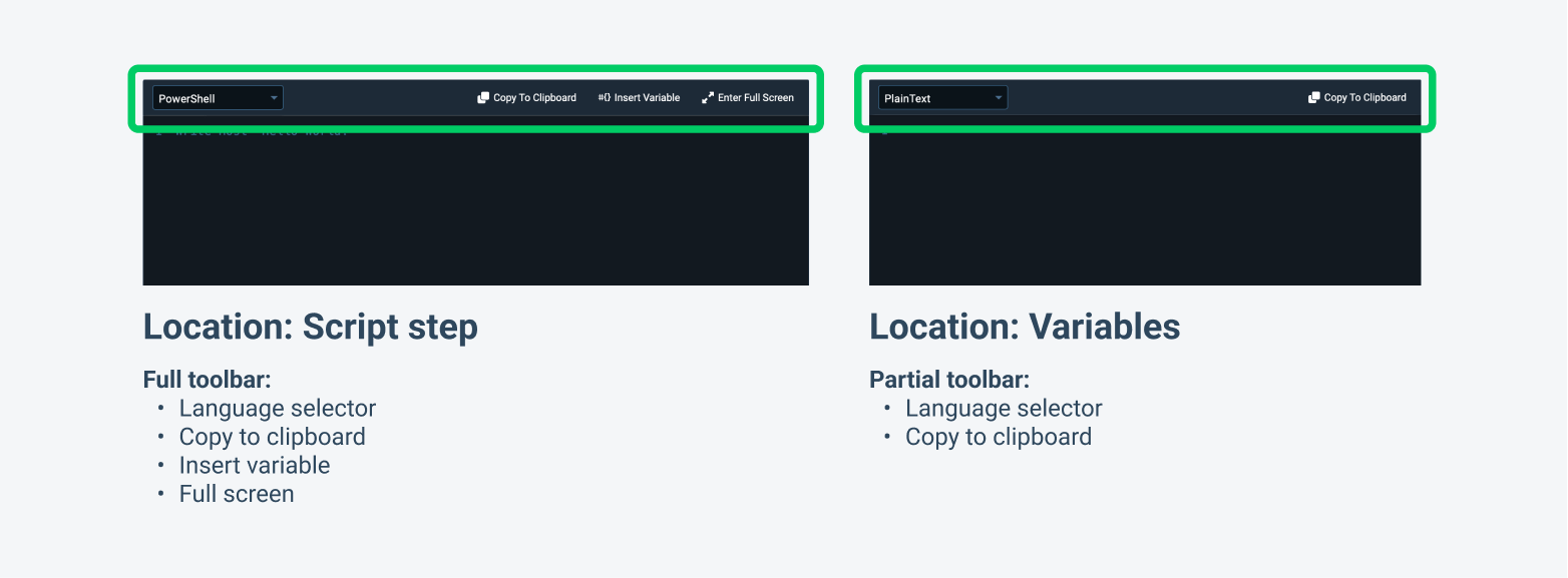 Screenshots comparing two versions of the script editor's toolbar. The first with all the toolbar actions, the second shows less actions.