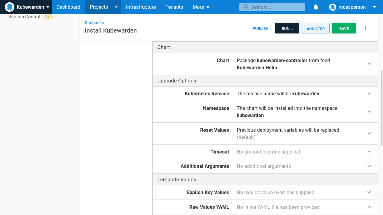 Octopus dashboard open on Runbooks screen showing Install Kubewarden