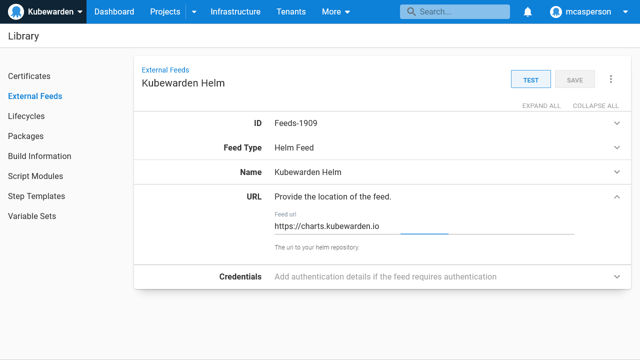 Octopus dashboard open on External Feeds showing Kubewarden Helm
