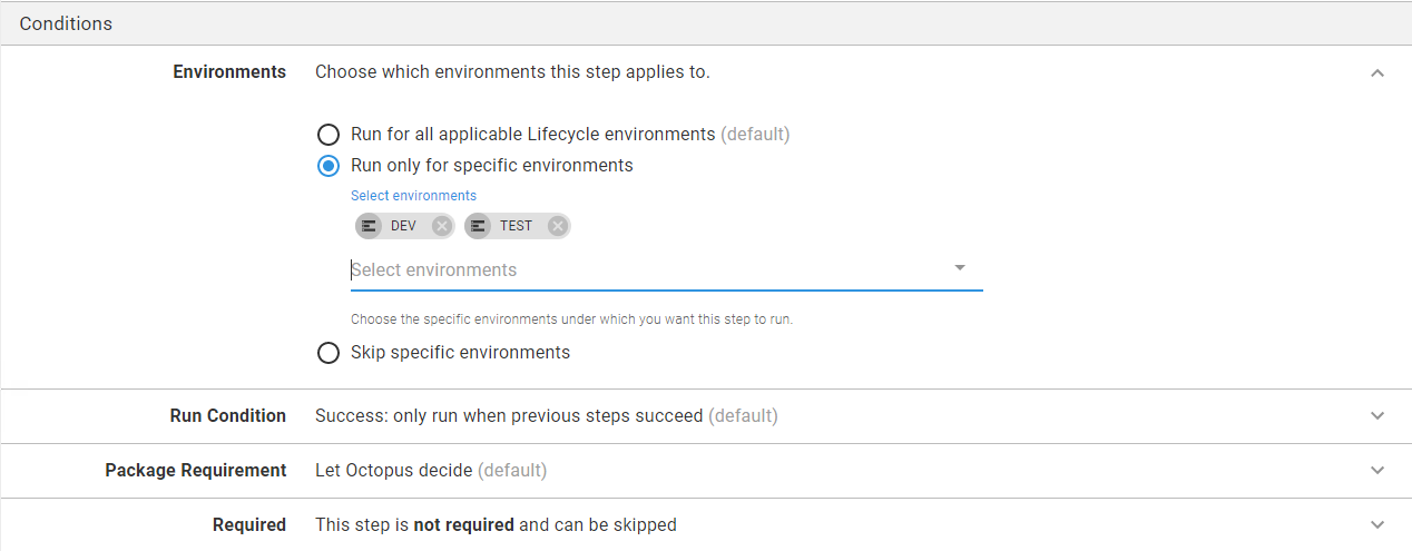 Setting the conditions for the step
