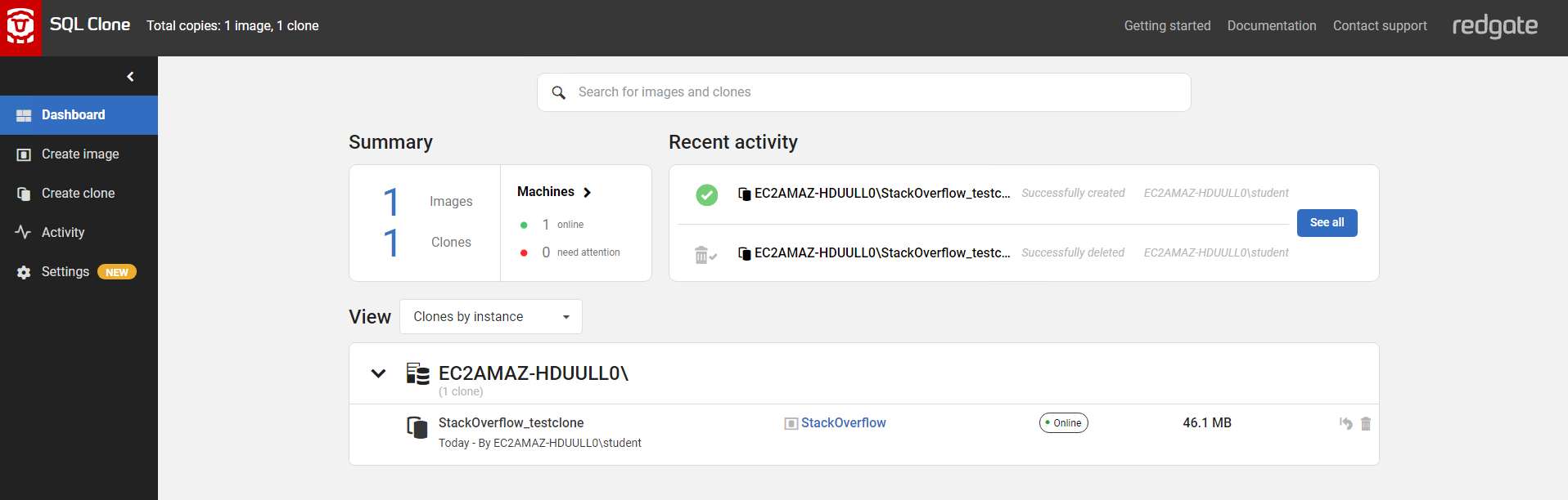 A database clone in the SQL Clone UI