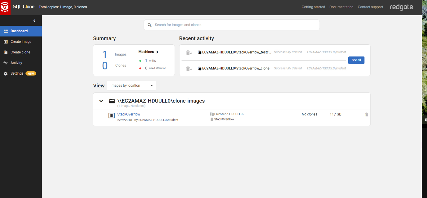 A database image in the SQL Clone UI