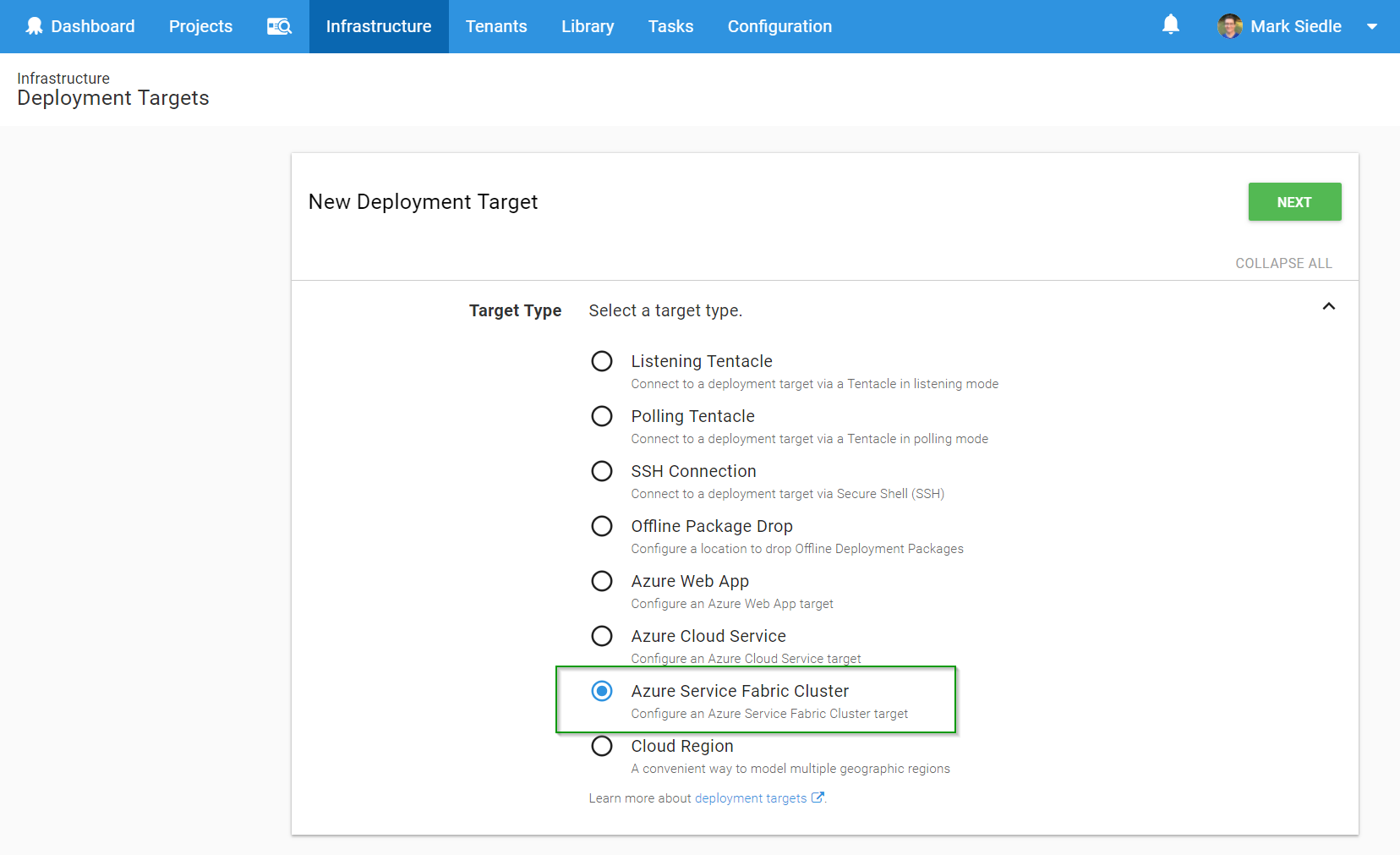 Creating Azure Service Fabric Targets - step 1
