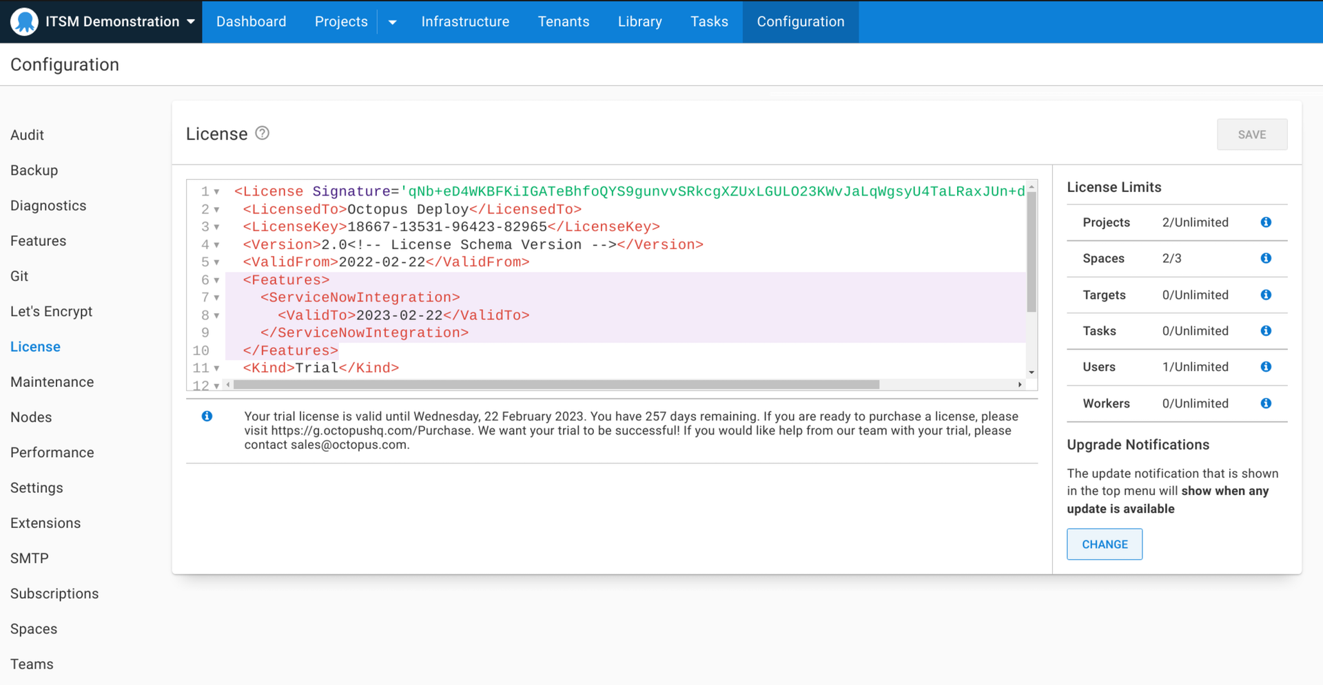Octopus Deploy license configuration for ServiceNow
