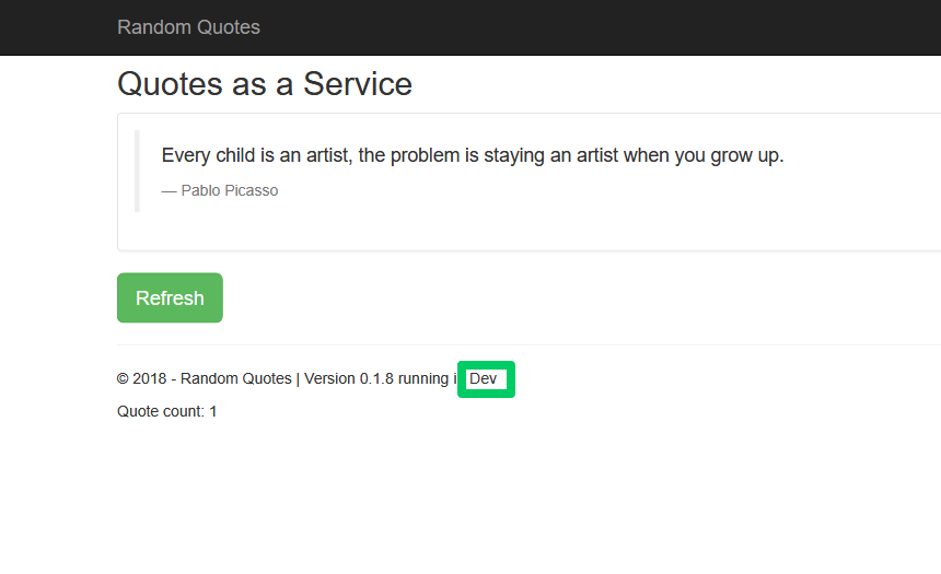 Random Quotes application with the environment name shown