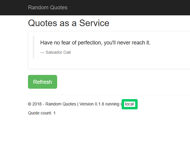 Random Quotes application with the environment name shown