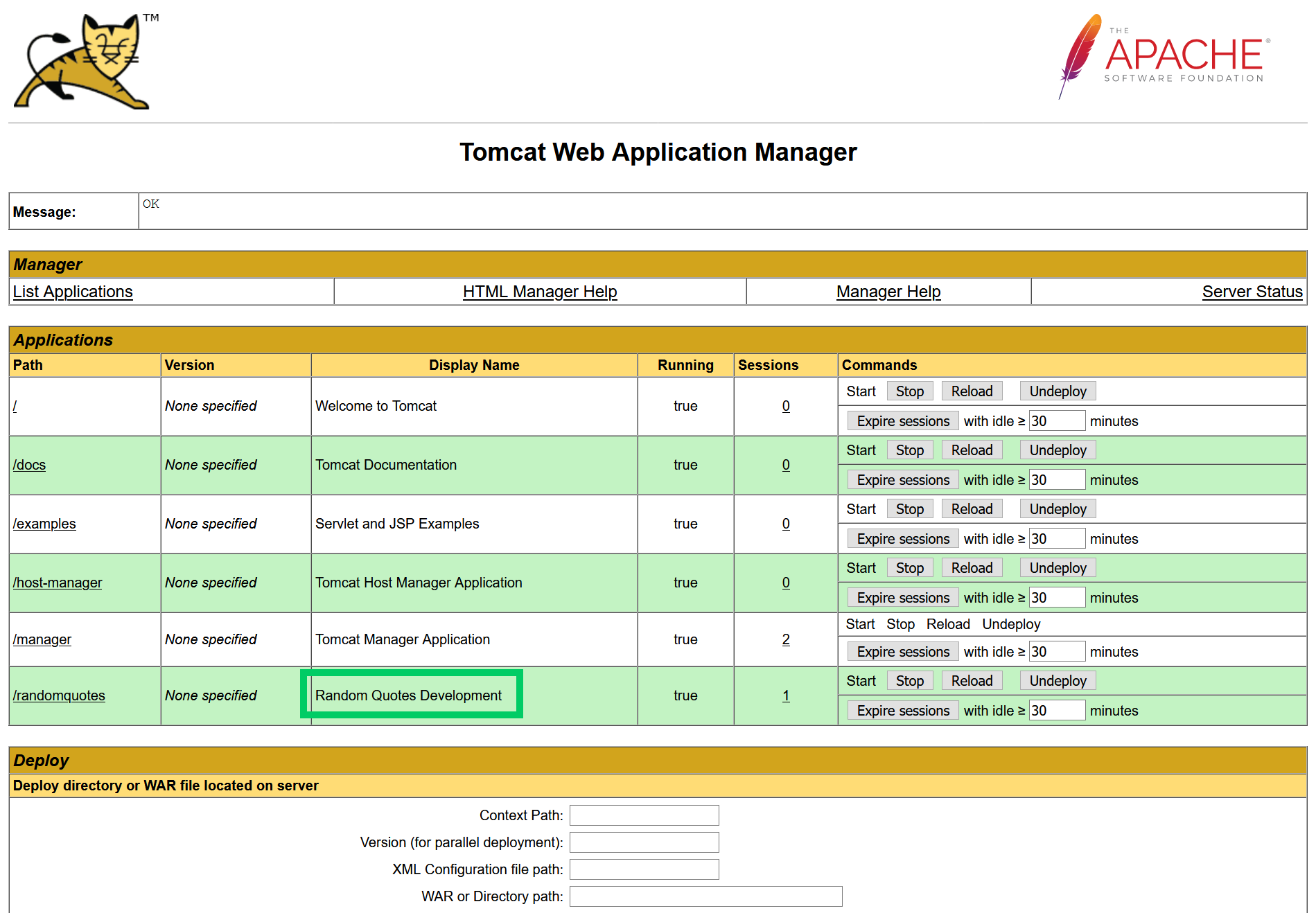 Tomcat manager displaying the embedded Octopus environment