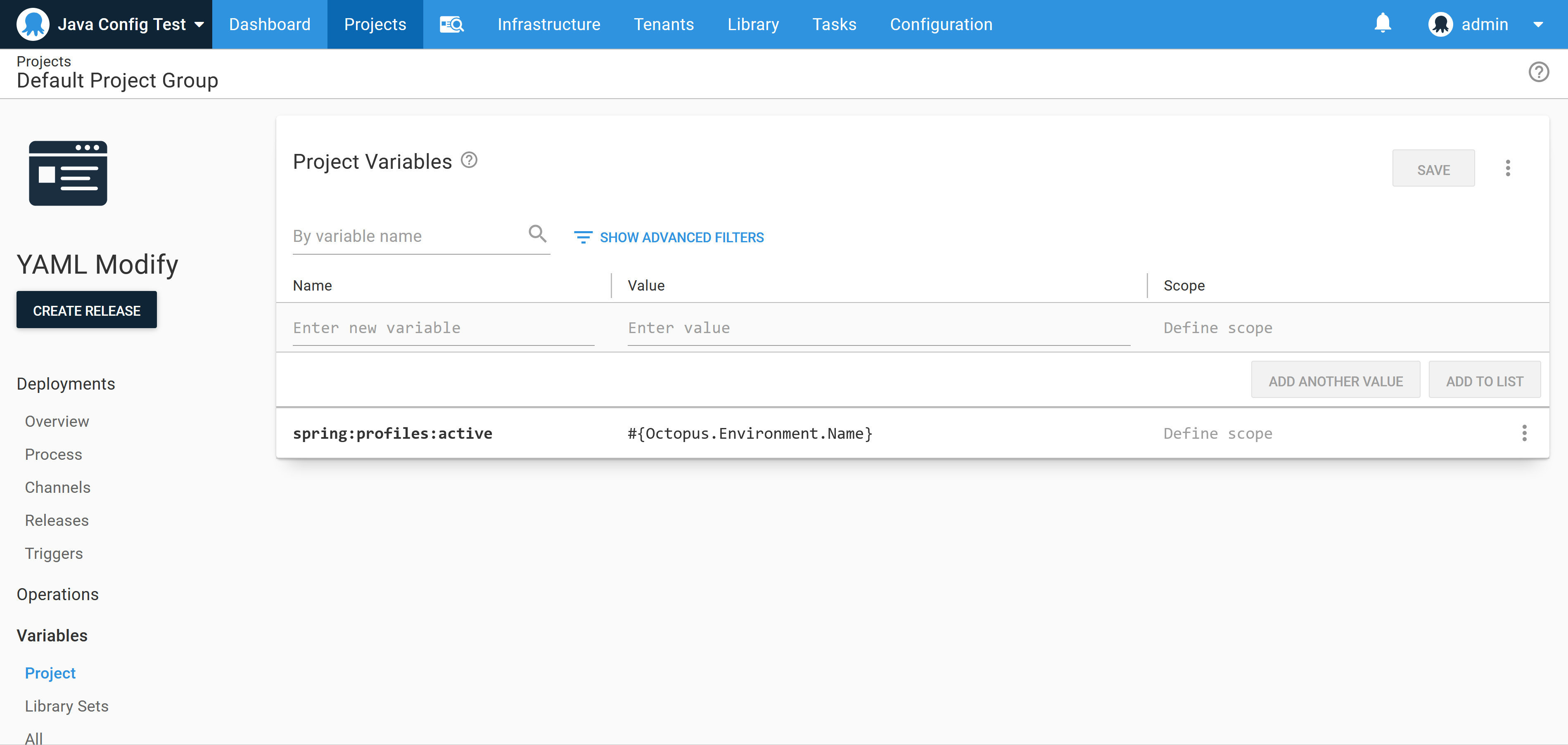 Variables defined in the Octopus Web Portal