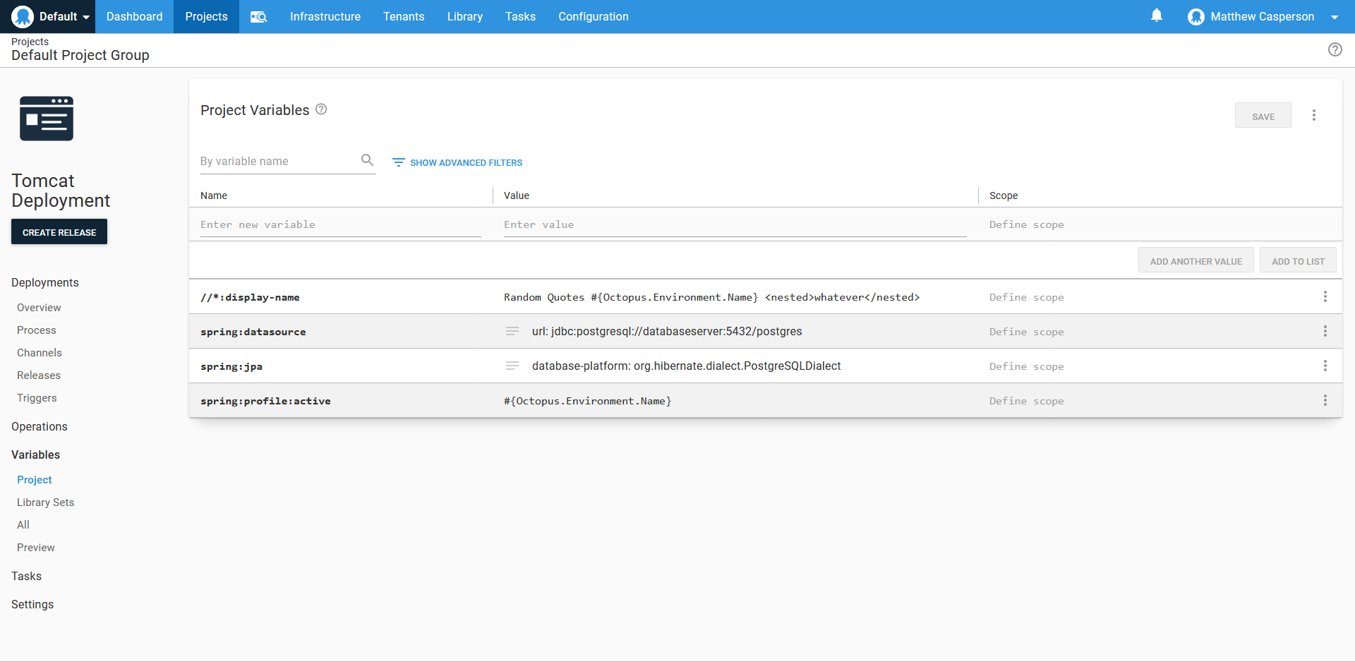 YAML variables in the Octopus Web Portal