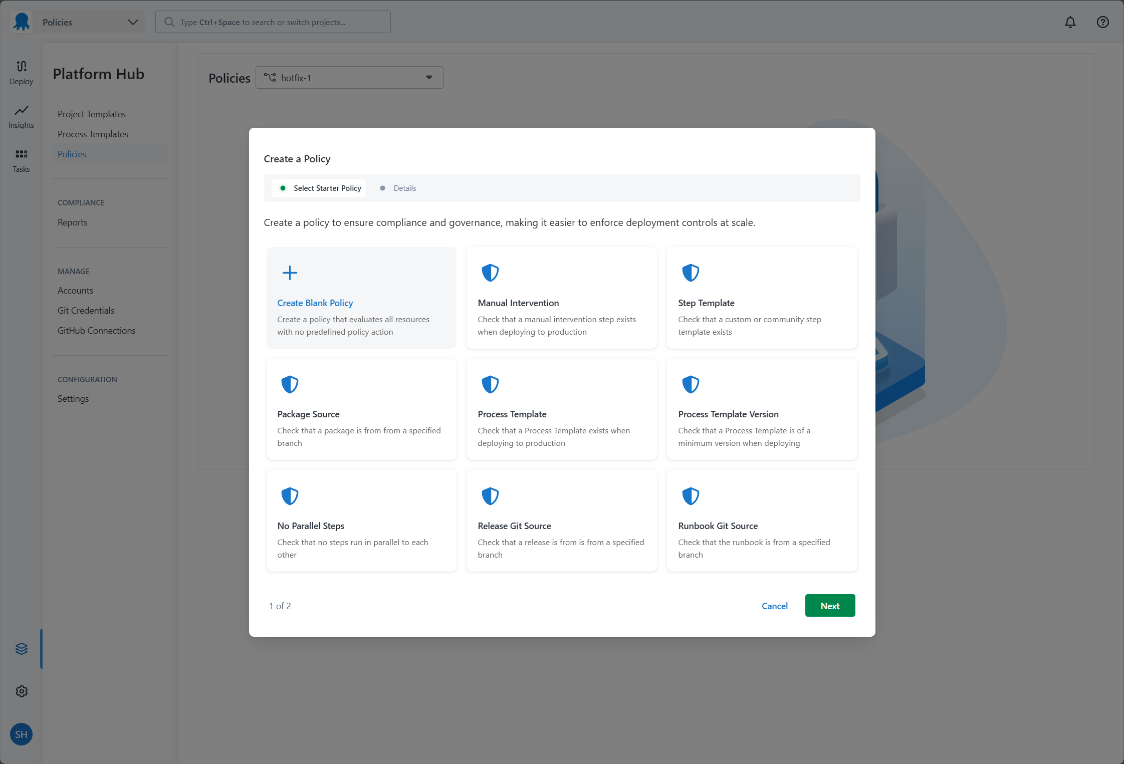 Starter policies in Platform Hub