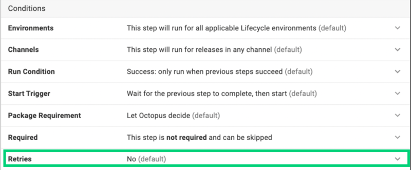 Retries field highlighted in the Conditions section of a step