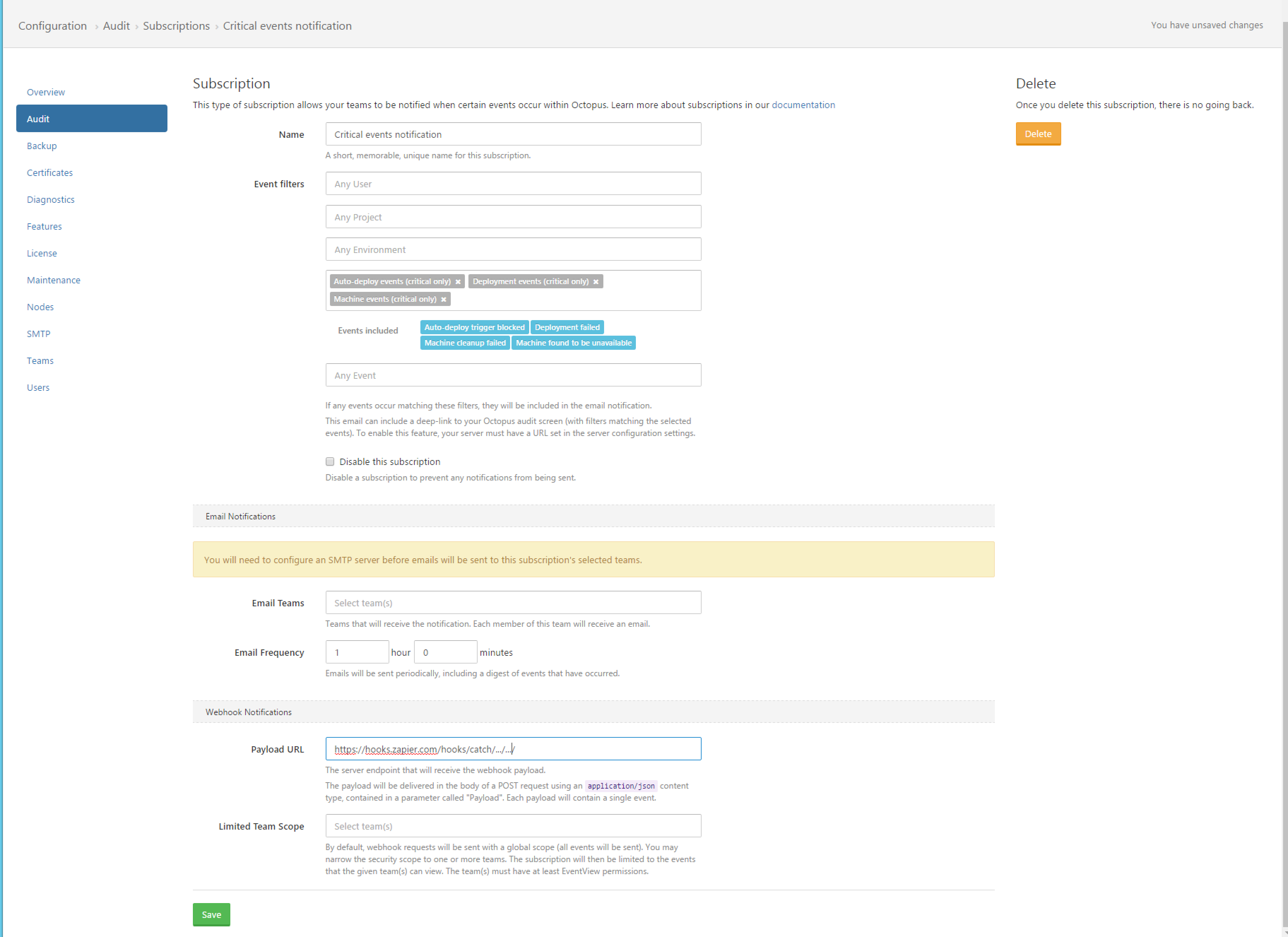 Critical events notifications