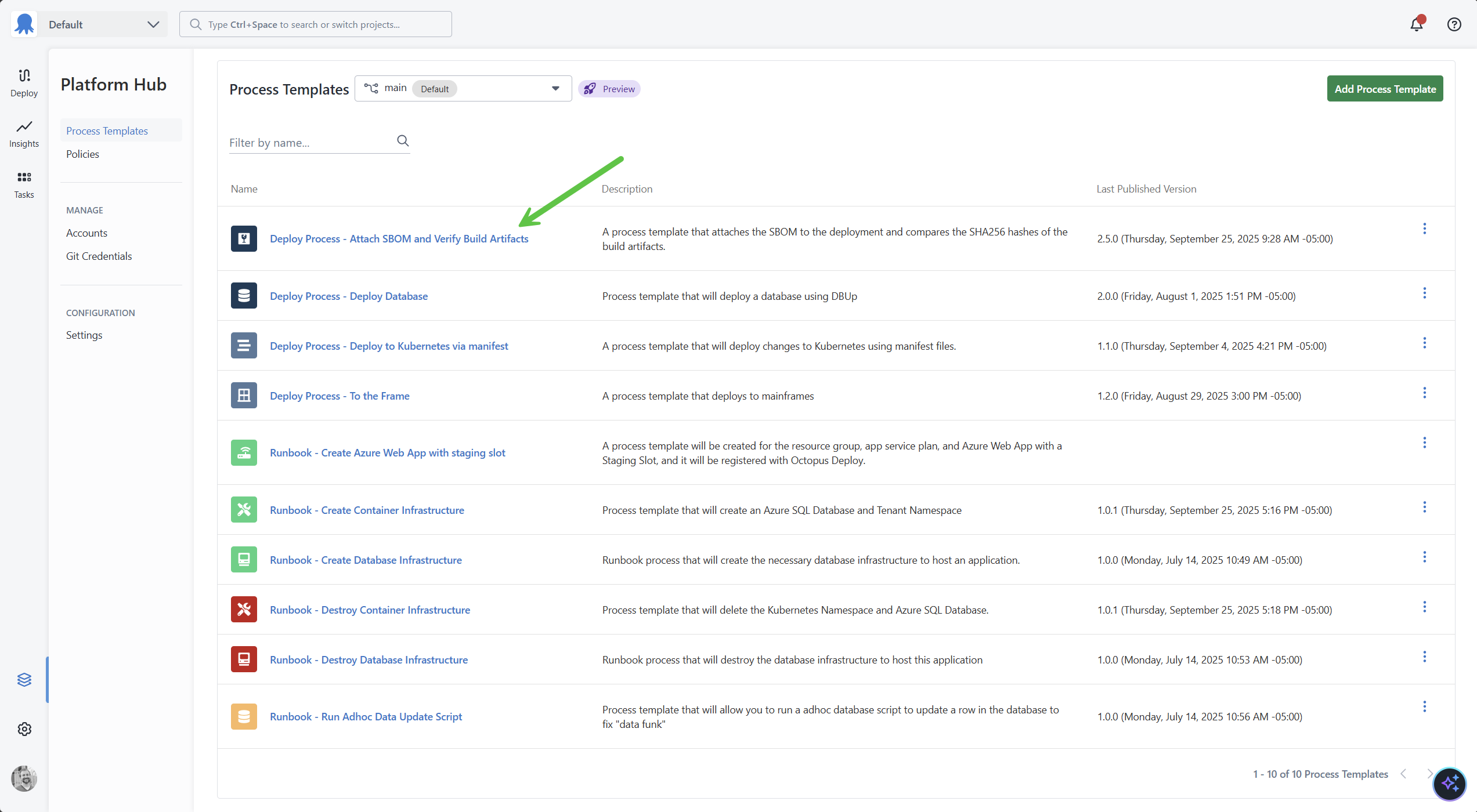 List of Process Templates on an instance with an arrow pointing to the Process Template to attach SBOM and build artifacts