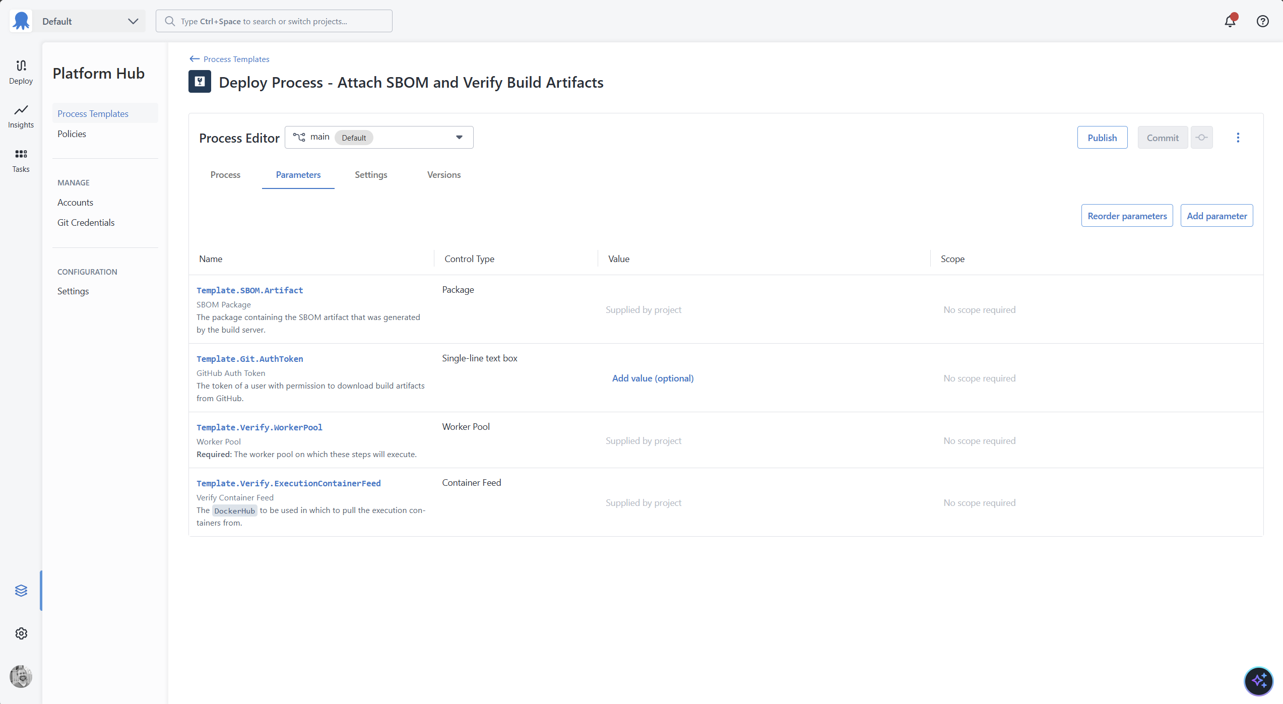 List of parameters for the Process Template