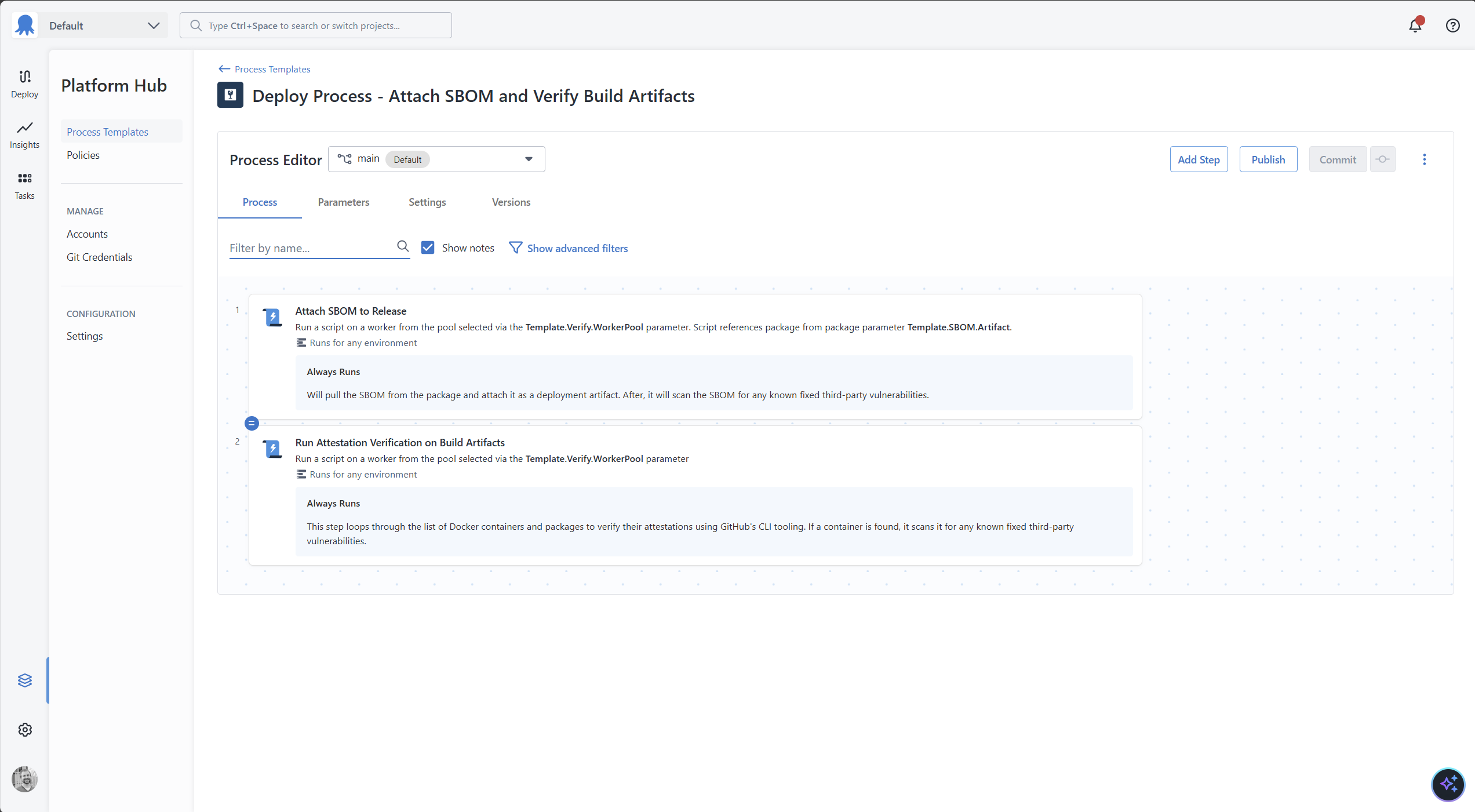 List of steps in the example Process Template