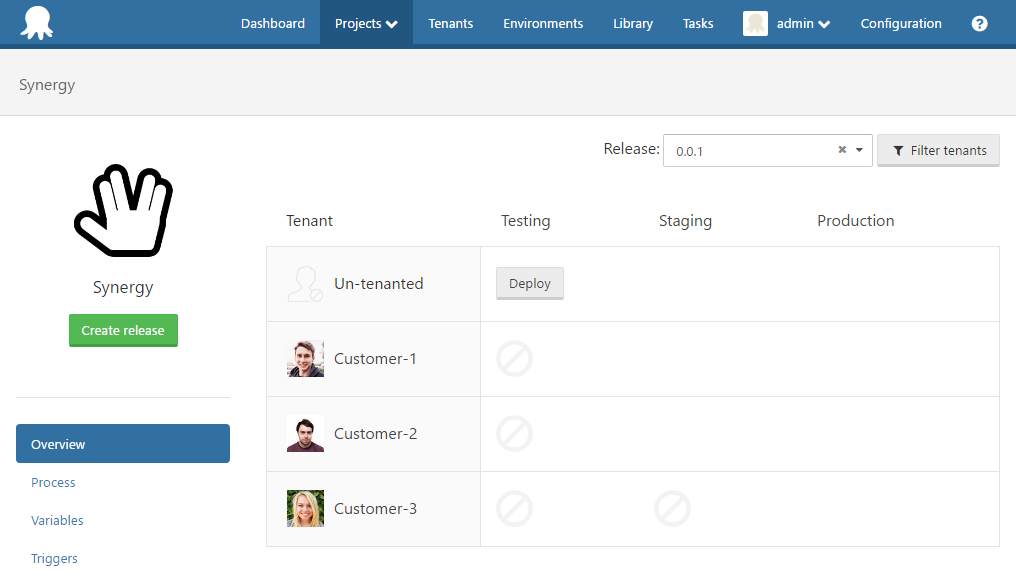Tenant dashboard in Octopus Deploy UI