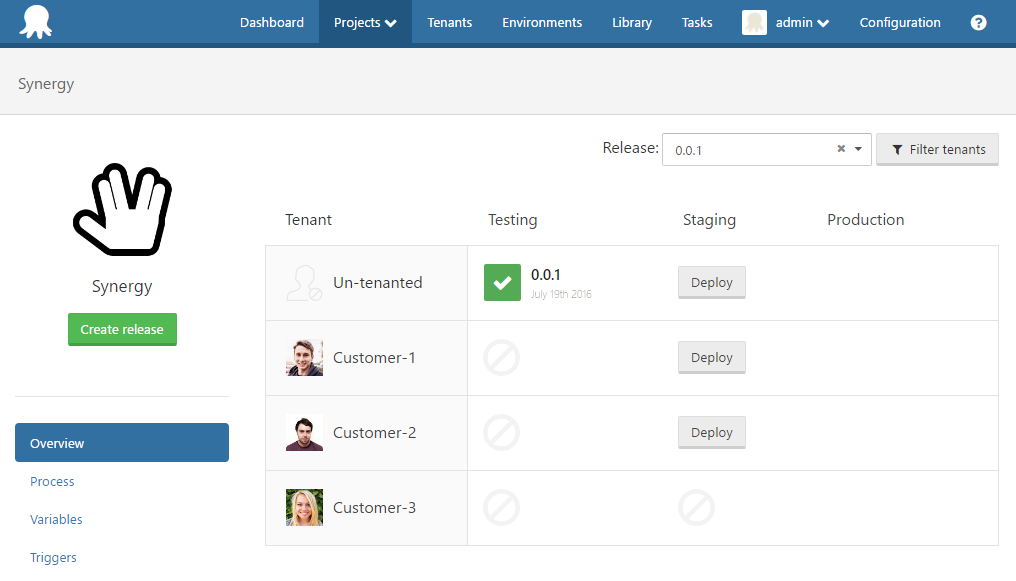 Tenant dashboard in Octopus Deploy UI showing version 0.0.1 deployed to Testing