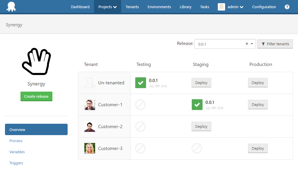 Tenant dashboard in Octopus Deploy UI showing version 0.0.1 deployed to Testing and Staging for different customers
