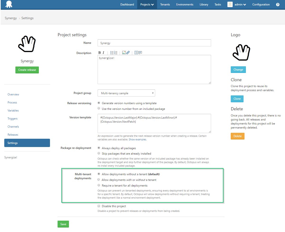 Project settings in Octopus Deploy UI