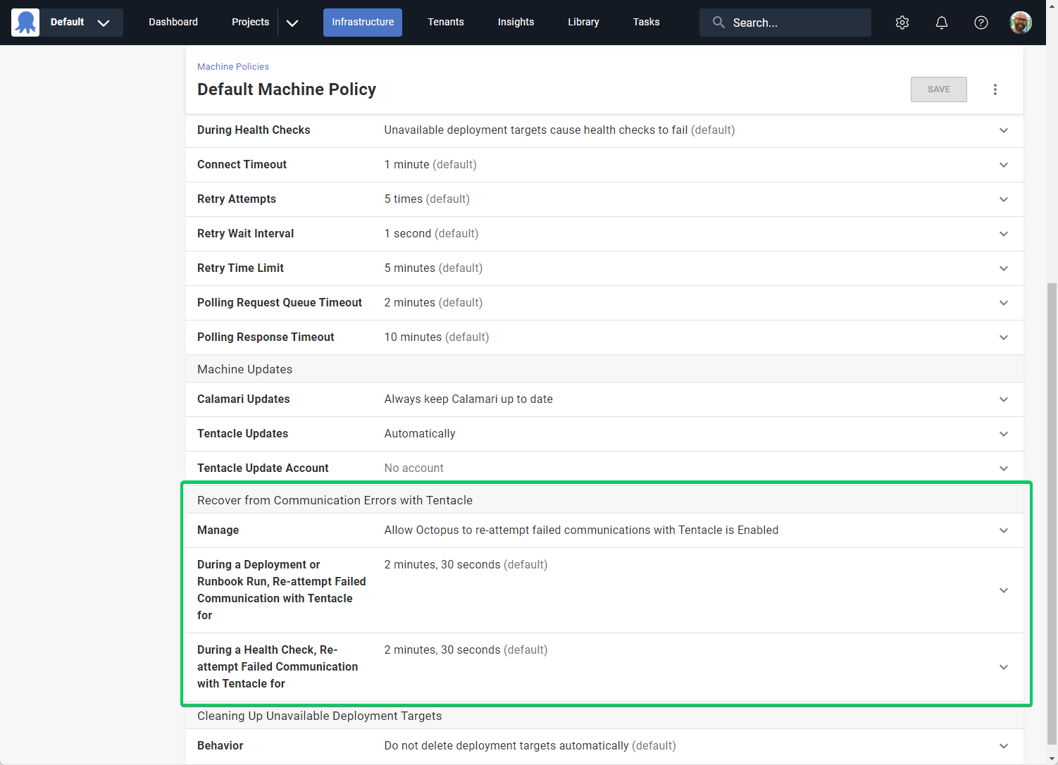 Screenshot of the Machine Policy page in Octopus Server, where Resilient Tentacle Communications can be configured