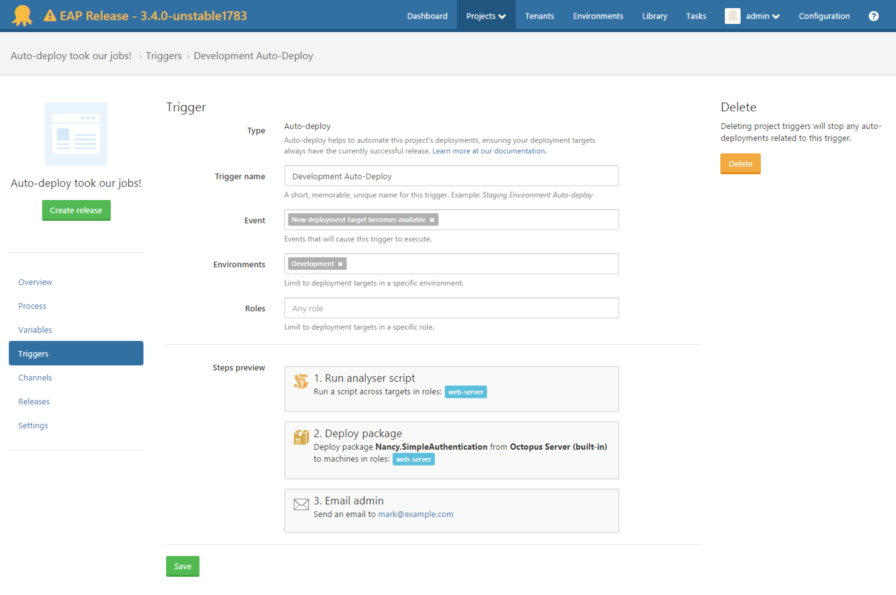 Octopus Deploy Project Triggers UI