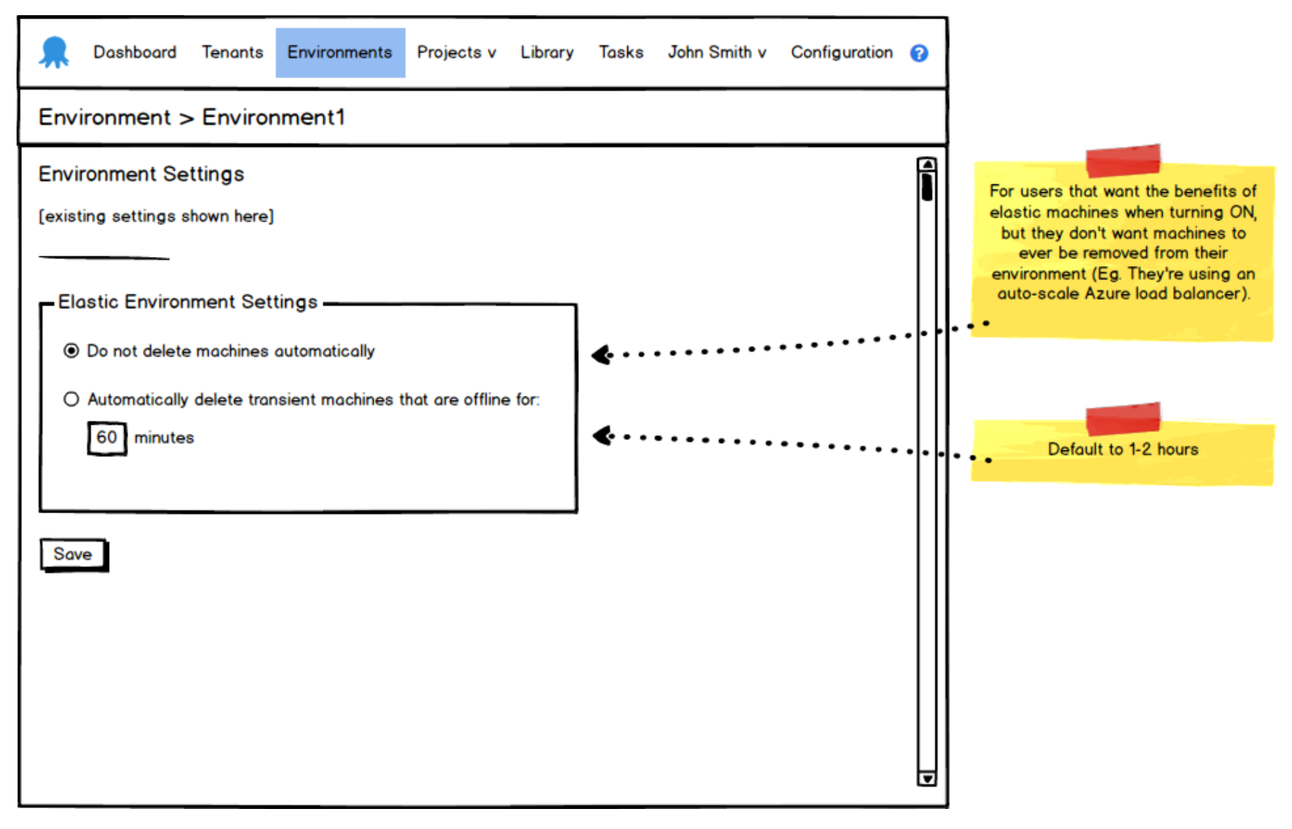 Octopus Deploy wireframe showing Environment Settings