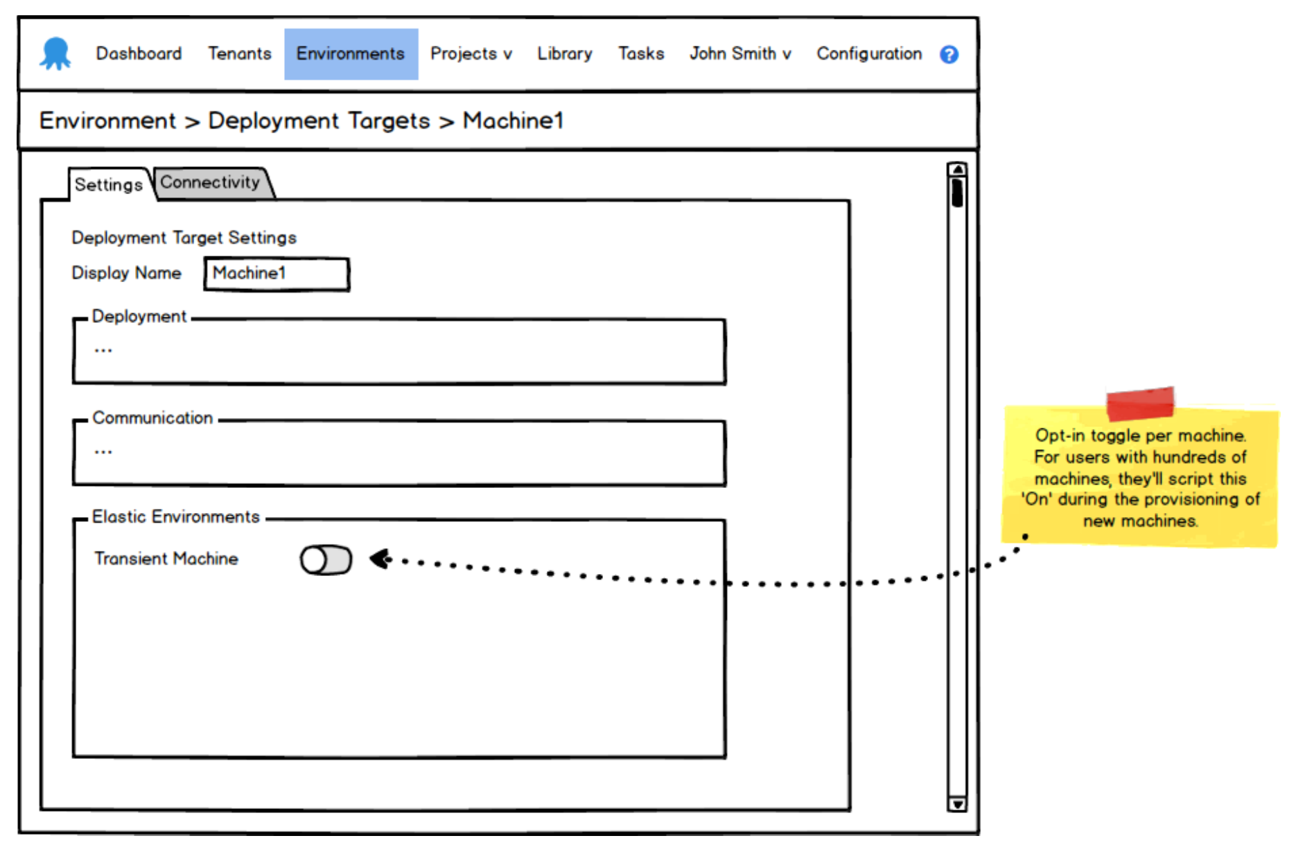Octopus Deploy wireframe showing Deployment Target UI