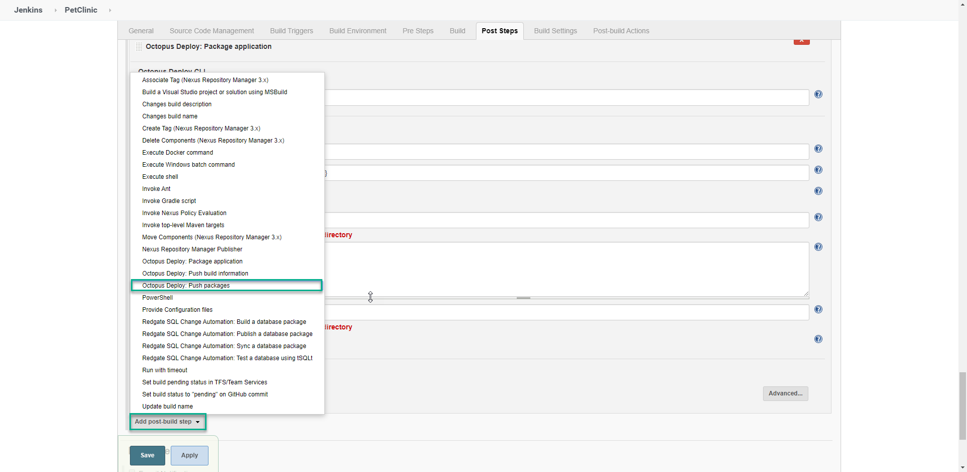 The Jenkins Post Steps screen
