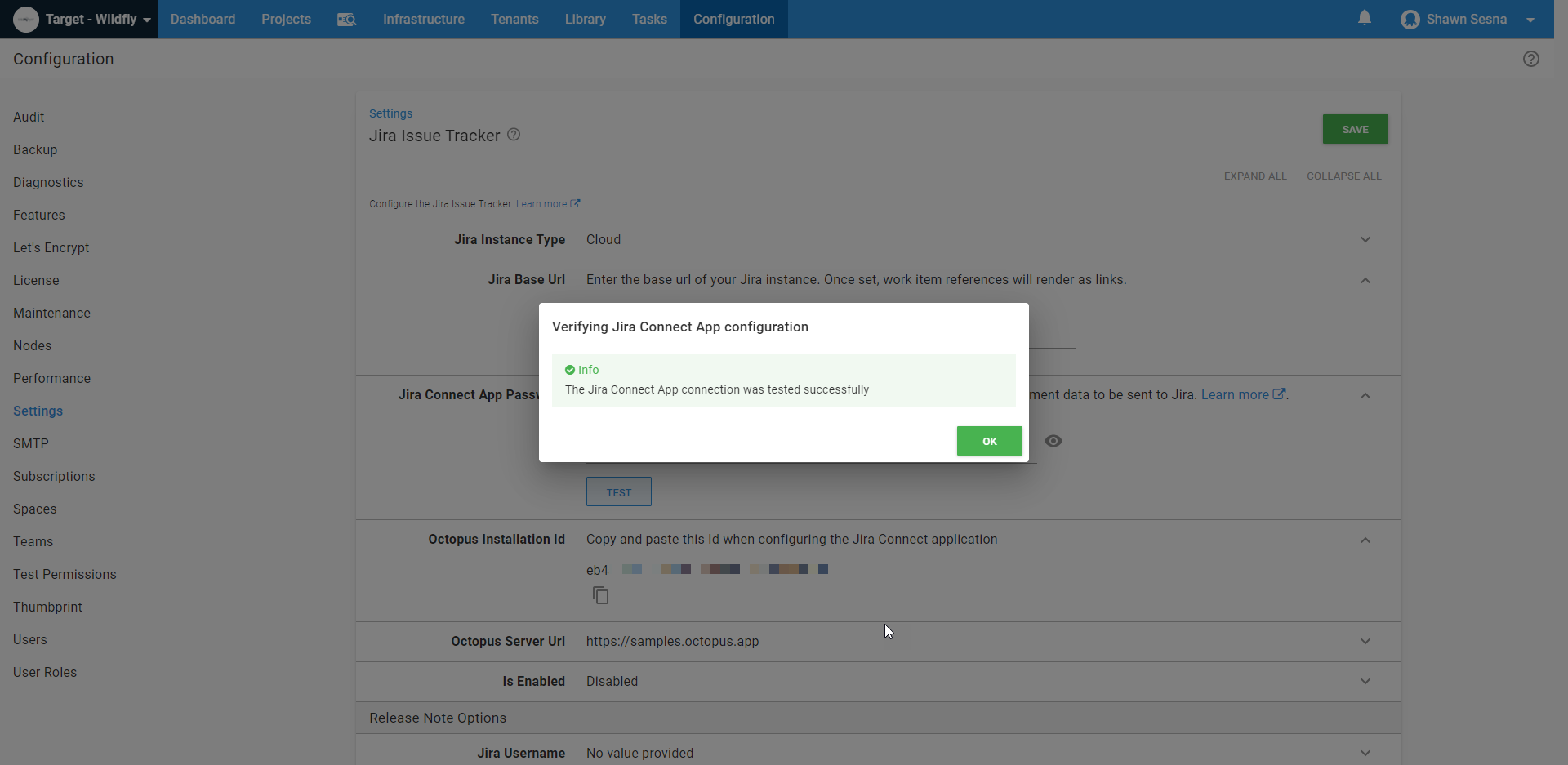 Connection successful screen in Octopus Deploy