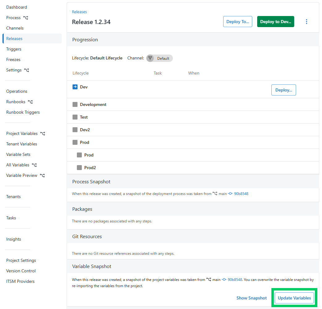 Octopus Deploy UI showing a project release and the steps to update the variables for that release