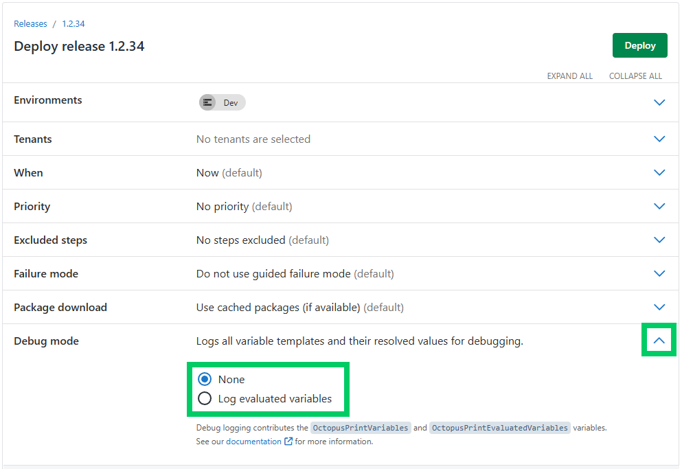 Octopus Deploy UI showing a project release and the steps to enable or disable debug mode