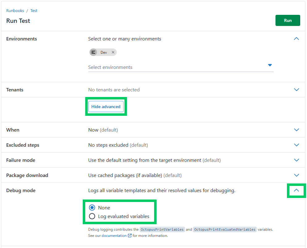 Octopus Deploy UI showing a runbook snapshot and the steps to enable or disable debug mode