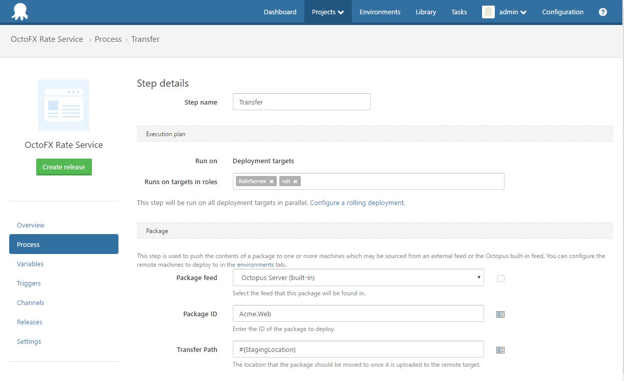 Transfer a package step Octopus UI