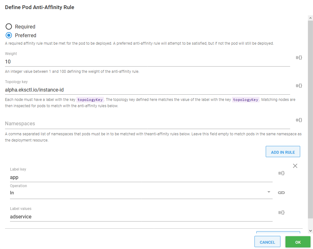 Defining pod anti-affinity