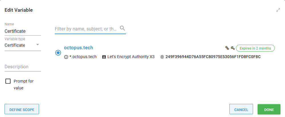 The certificate referenced as a variable
