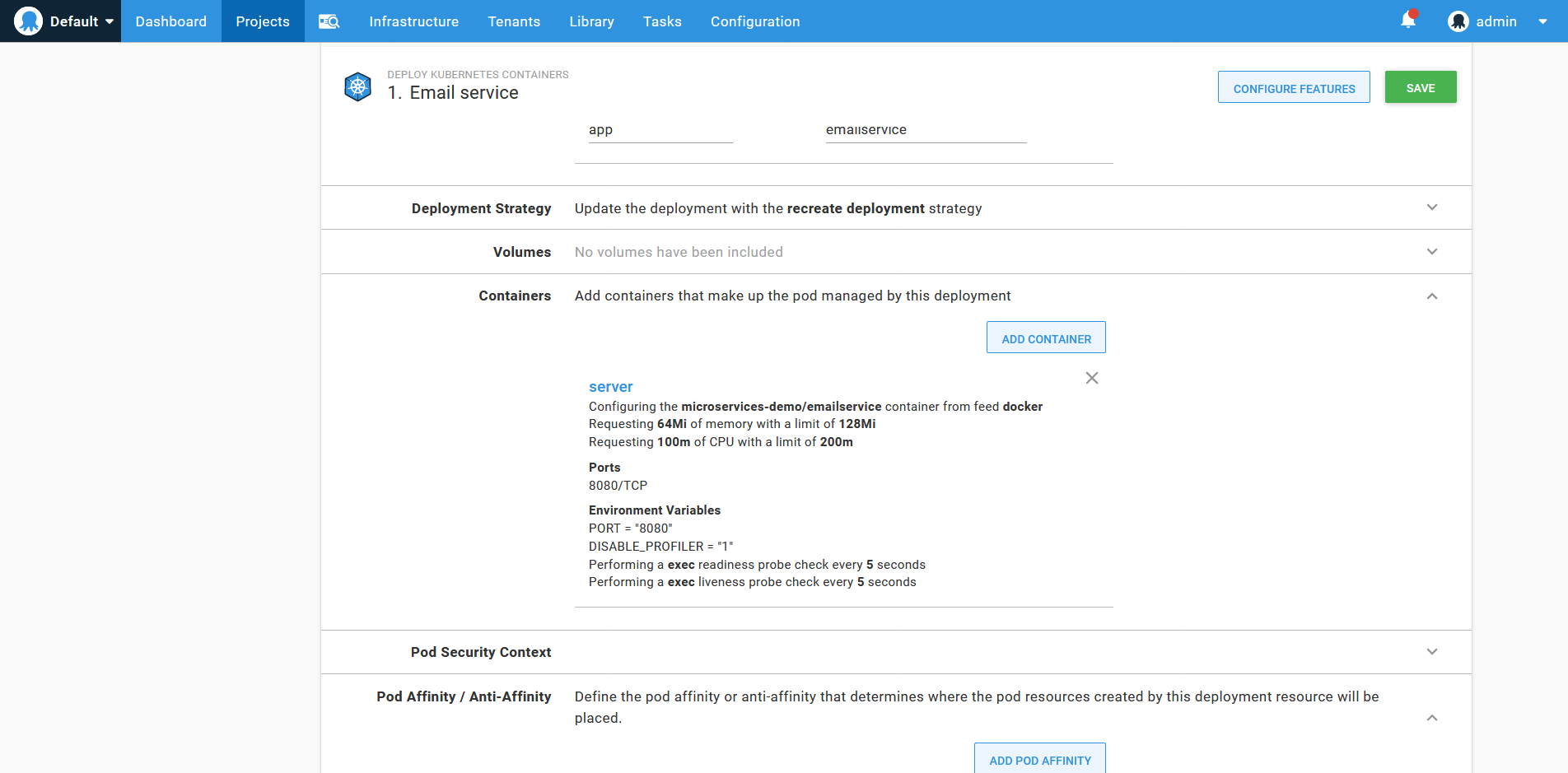 The resulting container definition from the imported YAML