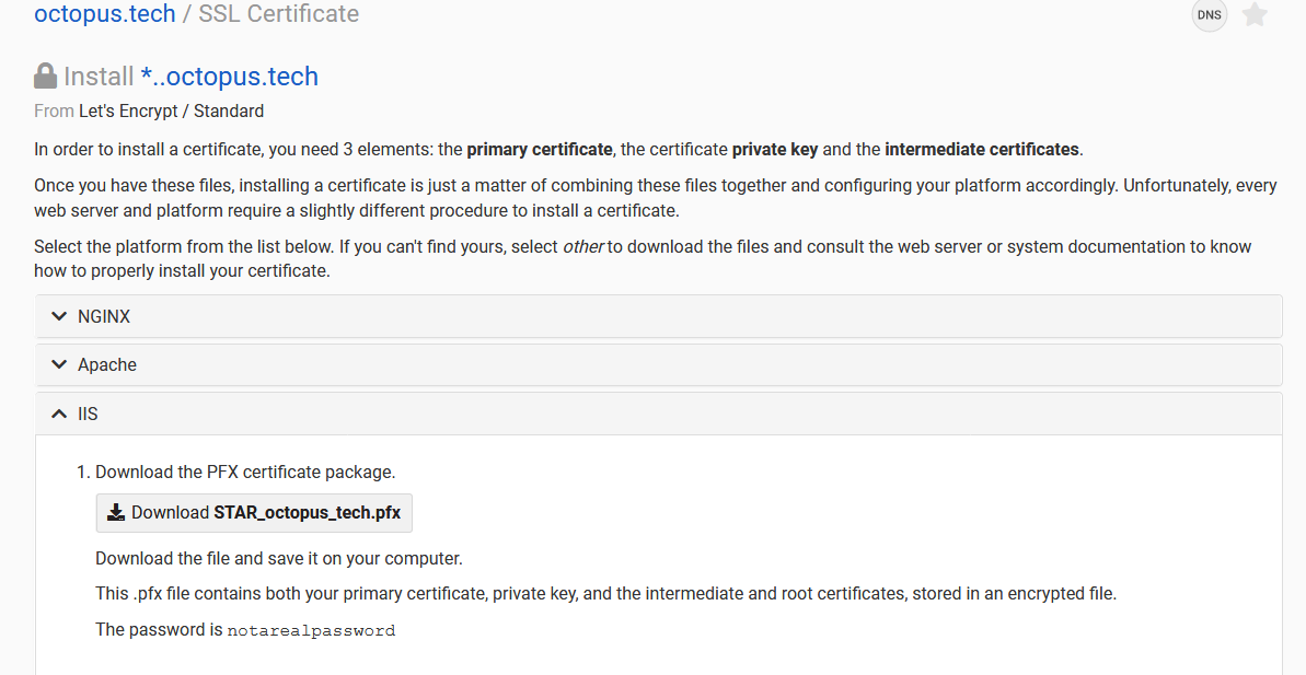 The Let's Encrypt certificate generated by the DNS provider