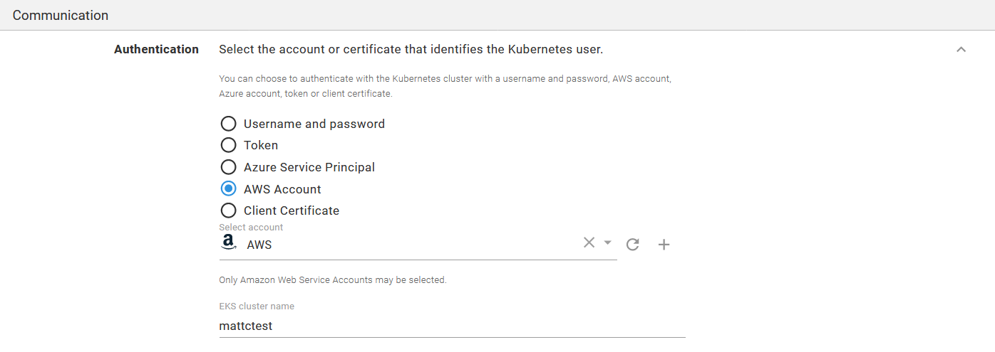 A Kubernetes target authenticating against the AWS account