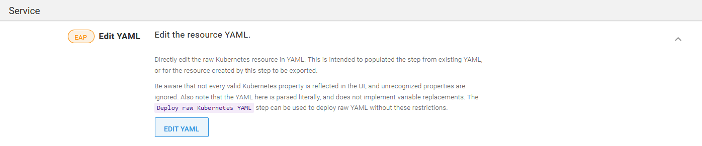 The service section EDIT YAML button