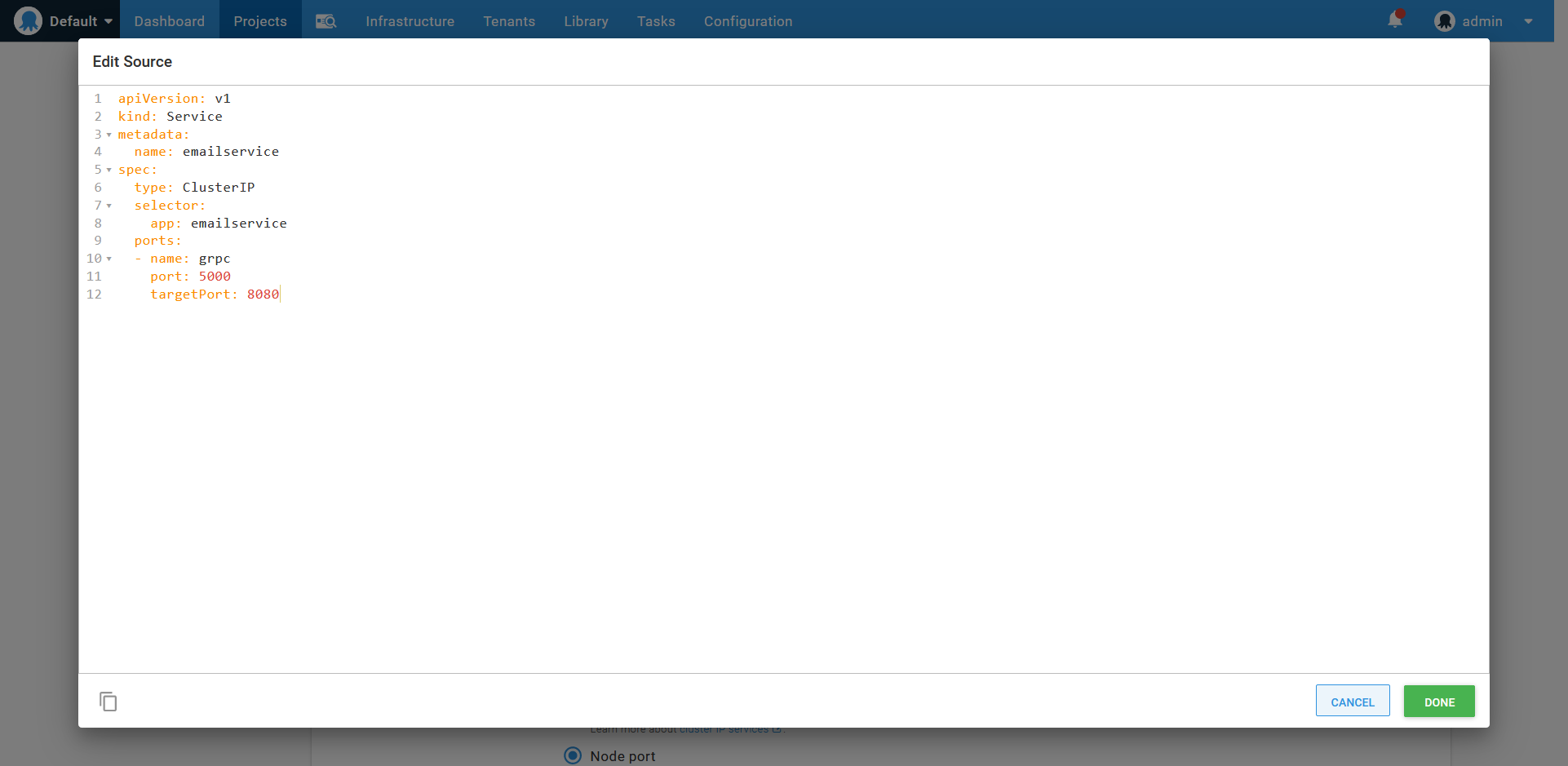 Importing a service resource defined in YAML