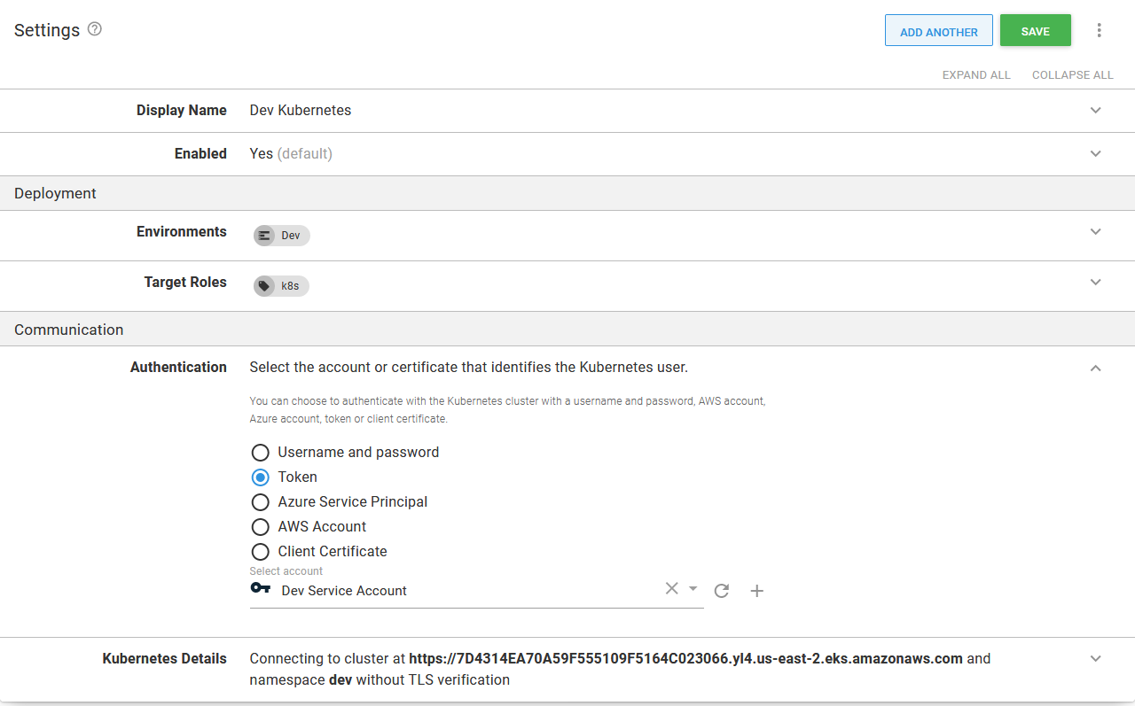The token used by the Kubernetes target