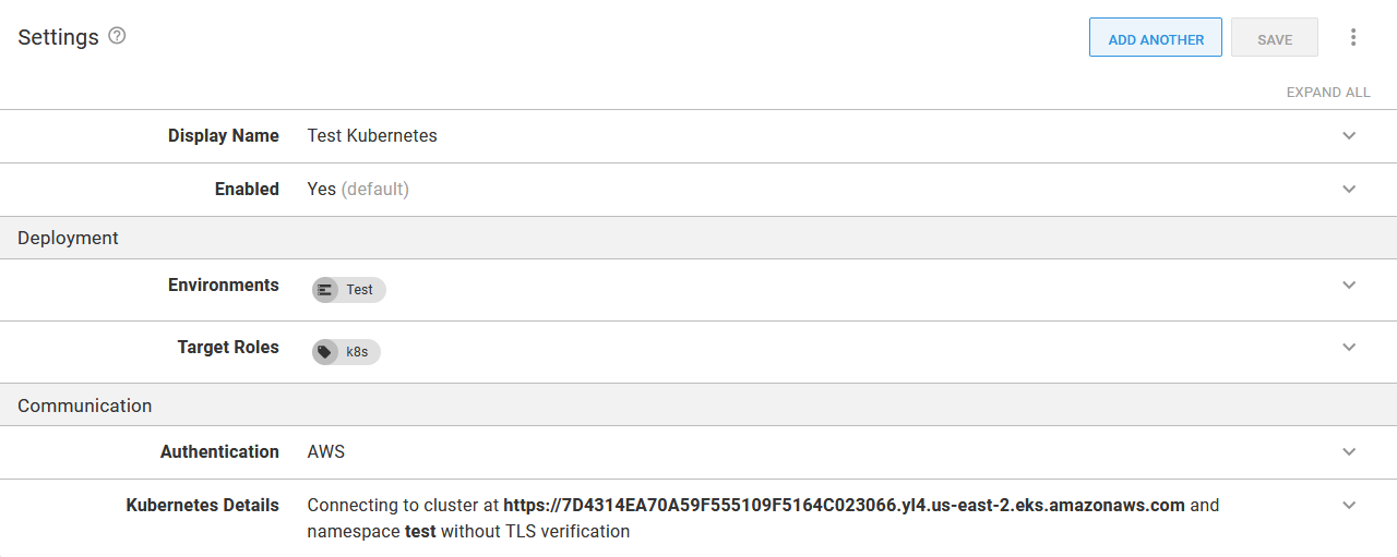 A target defaulting to the test namespace, scoped to the Test environment