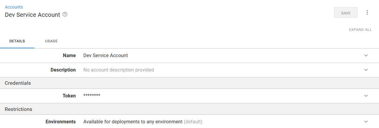 The service account token saved in Octopus